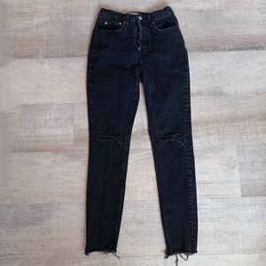 Free People Jeans Women's 27 Button Fly High Rise Skinny Black Open Knee